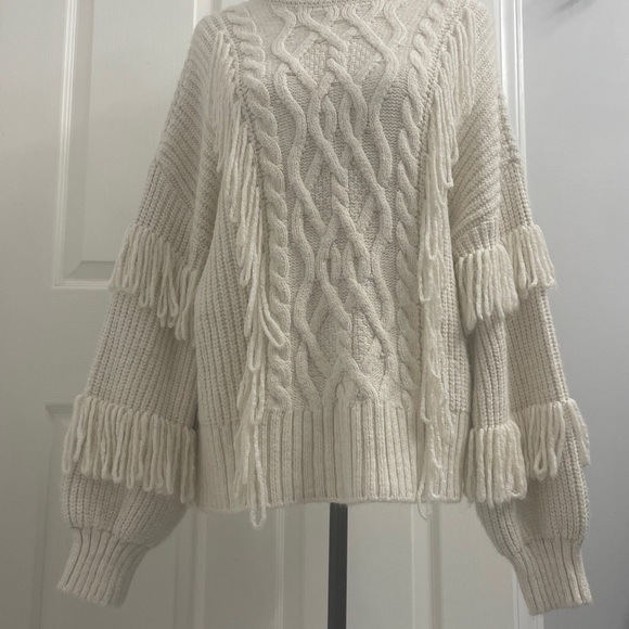 River Island Fringe Cable Knit Turtleneck Sweater in Cream Sz M - Picture 4 of 12